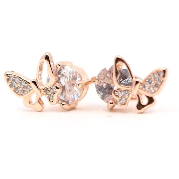 18k Rose Gold Dipped Butterfly White Topaz Studs E - Picture 6 of 7